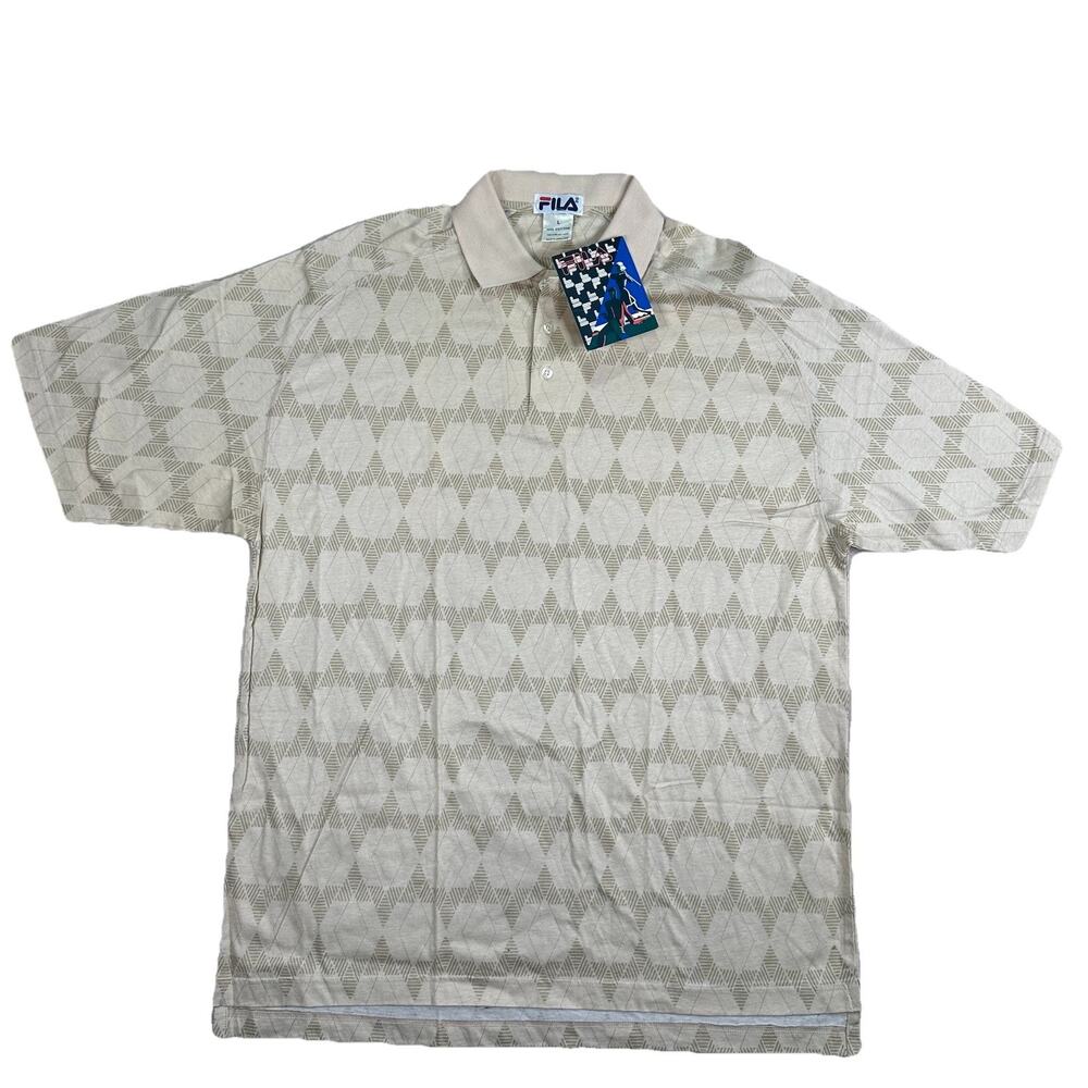 VTG FILA Polo Golf Shirt Geometric Beige Men’s Size Large Deadstock Cotton
